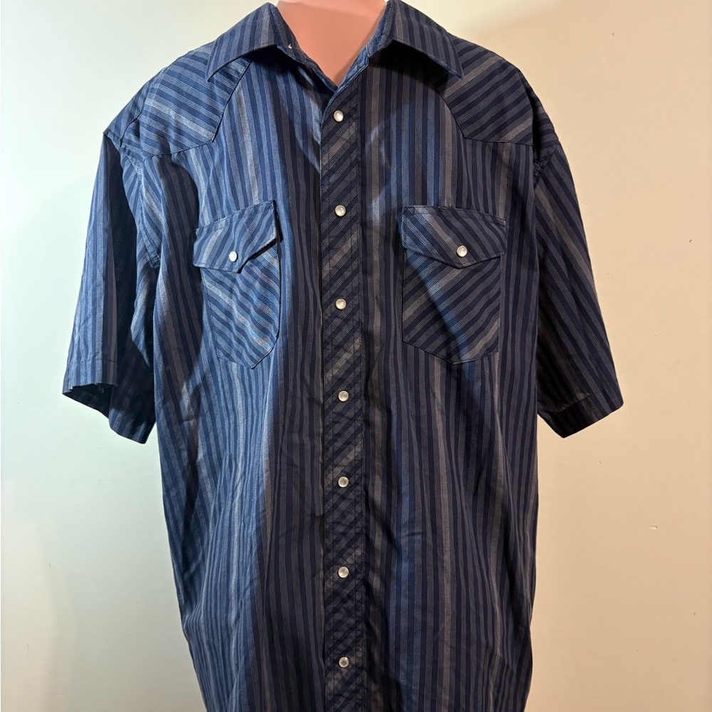 Wrangler Pearl‎ button shirt Men’s size 17 1/2 blue white striped short sleeve